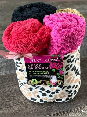 Betsey Johnson 4-Pack Reusable Hair Turban Wraps & Leopard Print Canvas  Basket